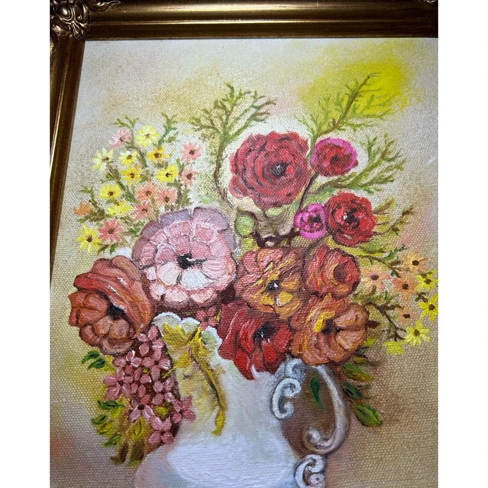 Vintage Oil Painting Floral‎ flowers White Vase Gold Wooden Frame 11.5x9.5